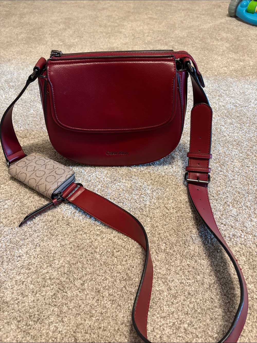 Calvin Klein Burgundy Leather Crossbody Bag with Logo Strap Accent
